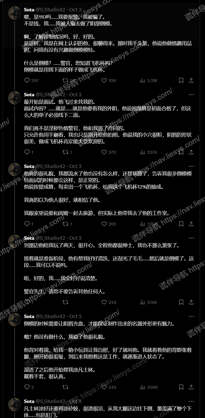 推特幻想文学：《我被骗子做成了飞机杯》 谨防倒模诈骗