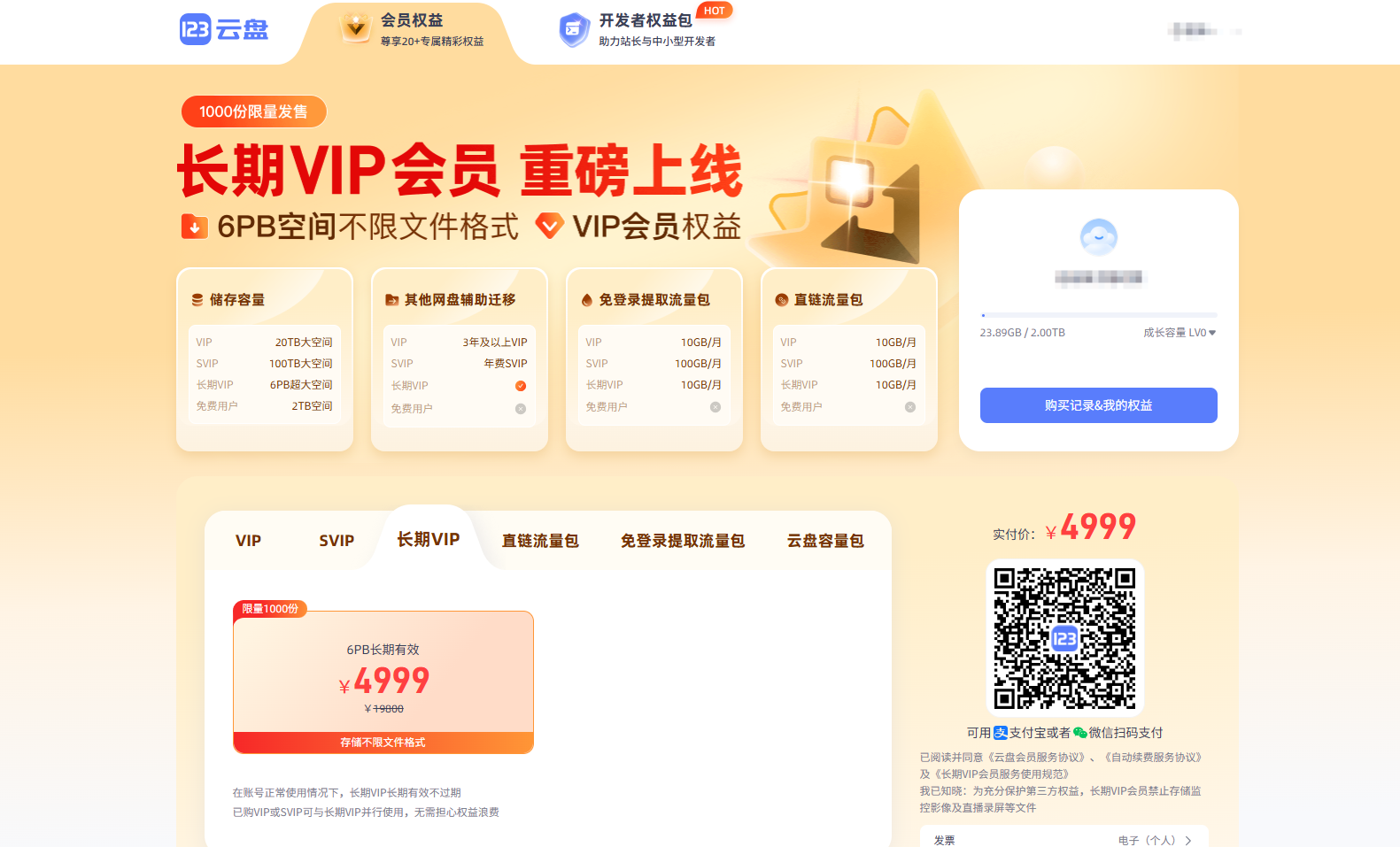 “123云盘”上线长期VIP，售价4999